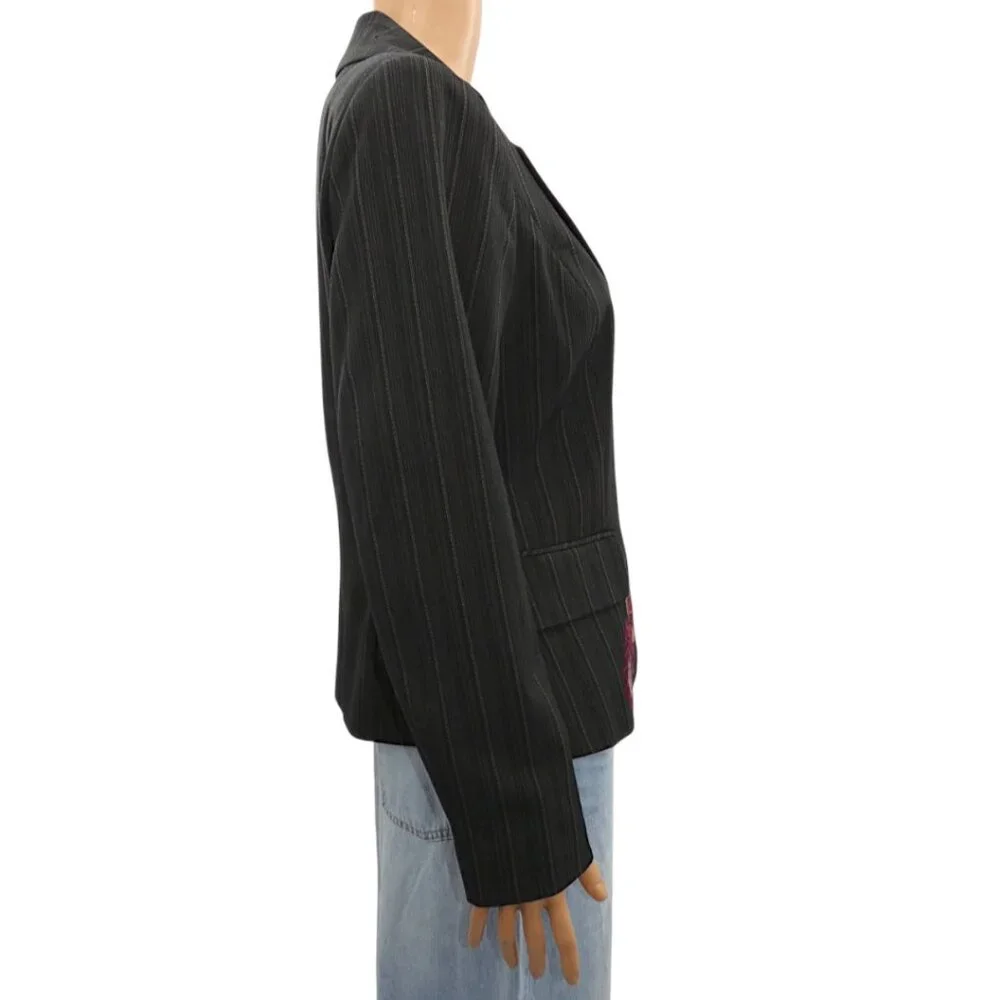Embroidered Floral Pinstripe Blazer Size 8 Black Whimsigoth Boho Grunge Y2K - Picture 2 of 9